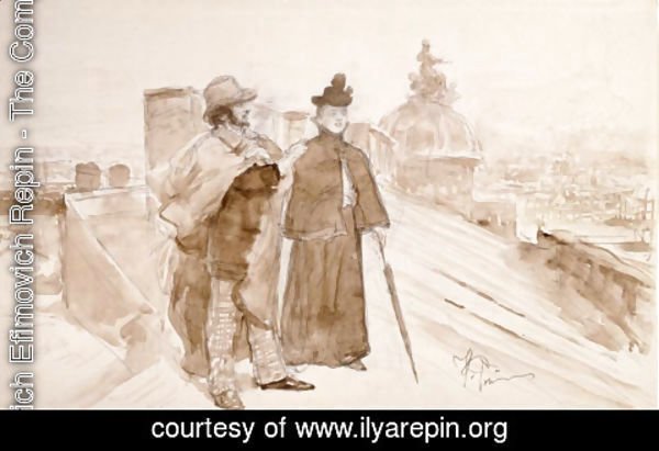 Ilya Efimovich Efimovich Repin - Ksenia ja Nedrov Pietarin taideakatemian katolla keskustelemassa taiteesta