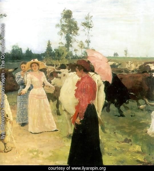 Young ladys walk among herd of cow (detail)