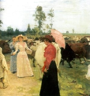 Ilya Efimovich Efimovich Repin - Young ladys walk among herd of cow (detail)