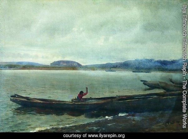 Landscape of the Volga with boats