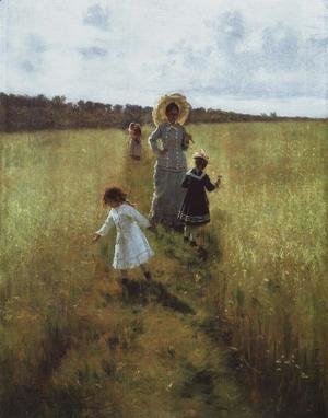 Ilya Efimovich Efimovich Repin - On the boundary path. V.A. Repina with children going on the boundary path