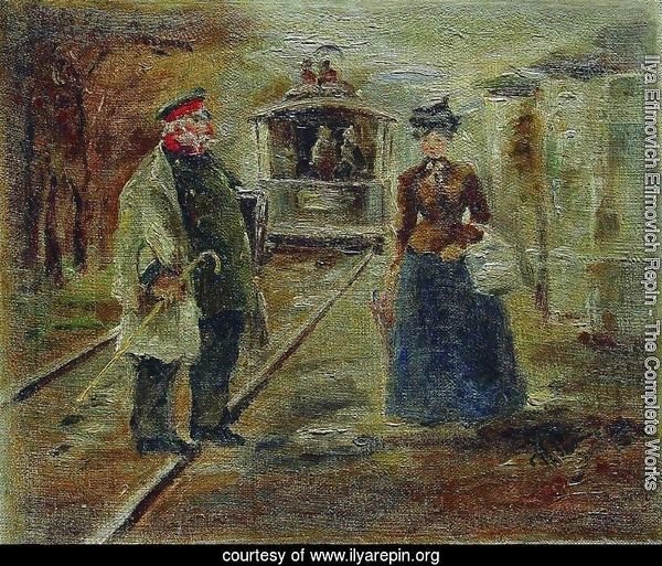 On the platform of the station. Street scene with a receding carriage