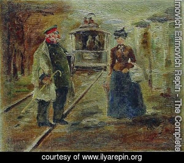 Ilya Efimovich Efimovich Repin - On the platform of the station. Street scene with a receding carriage